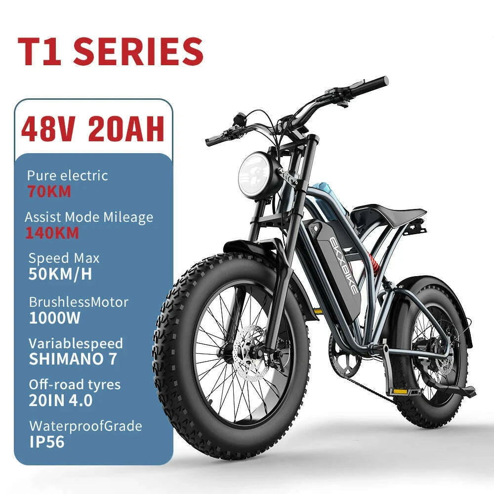 KIMLUD, EKX T1 Electric Bike 20‘’*4.0 Fat Tires 1000W Motor 48V20AH Lithium Battery Road Electric Bicycle For Adults Mountain E-Bike MTB, T1 1000W 20AH / 48V / United States | 50kmh, KIMLUD APPAREL - Womens Clothes