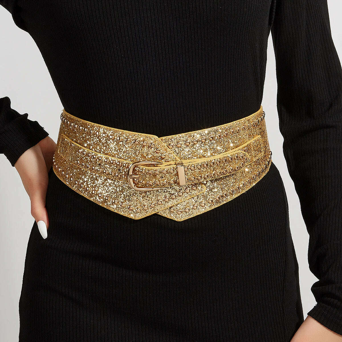 Elastic rubber waist seal with golden sequined rivets - KIMLUD