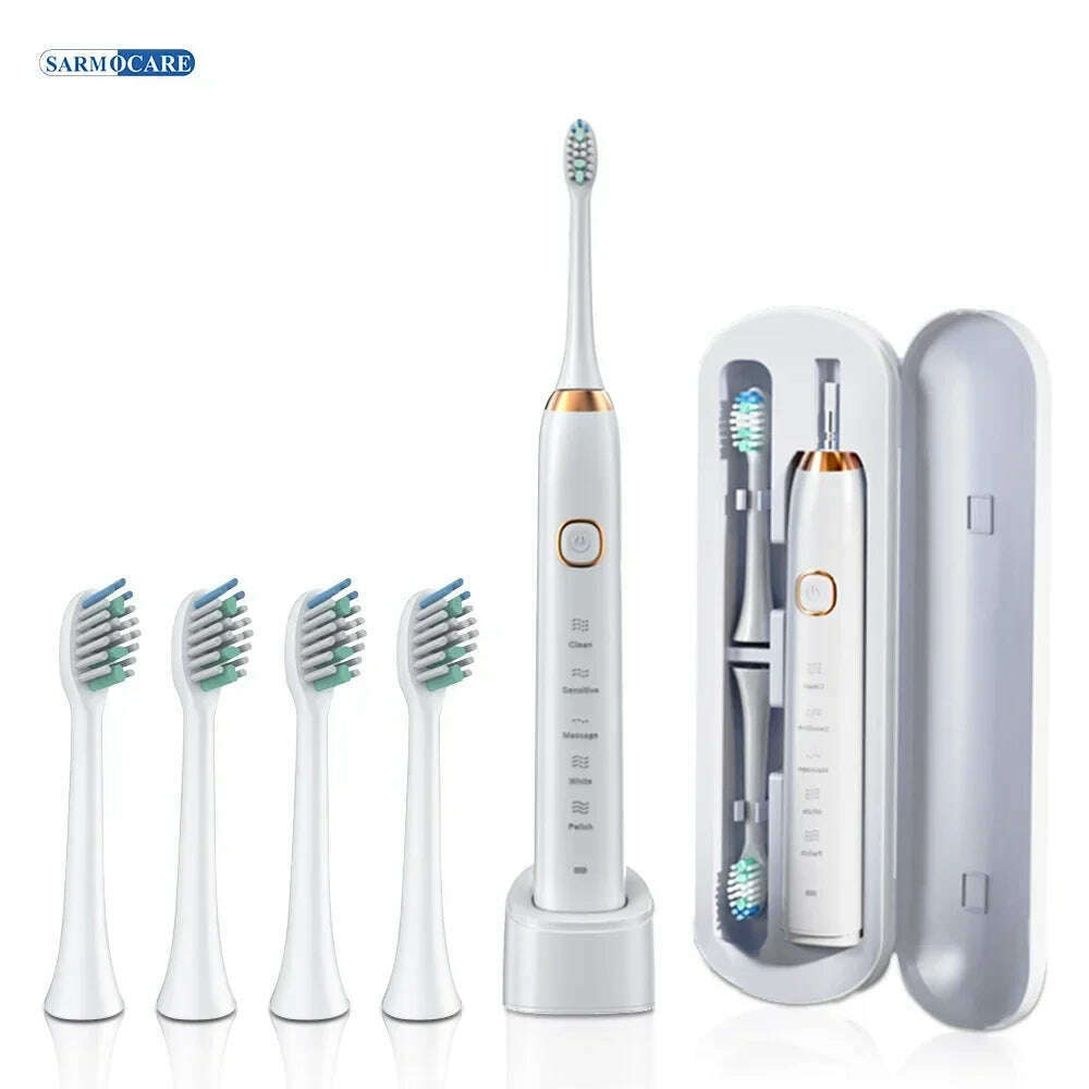 KIMLUD, Electric Sonic Toothbrush Adult Rechargeable Smart Ultrasonic Dental Teeth Whitening 8 Brush Heads Tooth Brush, White 4 Heads, KIMLUD APPAREL - Womens Clothes