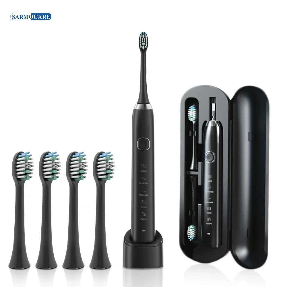 KIMLUD, Electric Sonic Toothbrush Adult Rechargeable Smart Ultrasonic Dental Teeth Whitening 8 Brush Heads Tooth Brush, Black 4 Heads, KIMLUD APPAREL - Womens Clothes