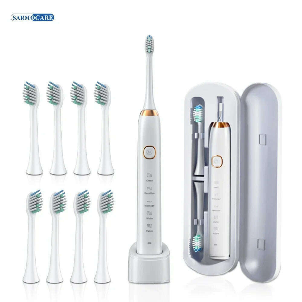 KIMLUD, Electric Sonic Toothbrush Adult Rechargeable Smart Ultrasonic Dental Teeth Whitening 8 Brush Heads Tooth Brush, White 8 Heads, KIMLUD APPAREL - Womens Clothes