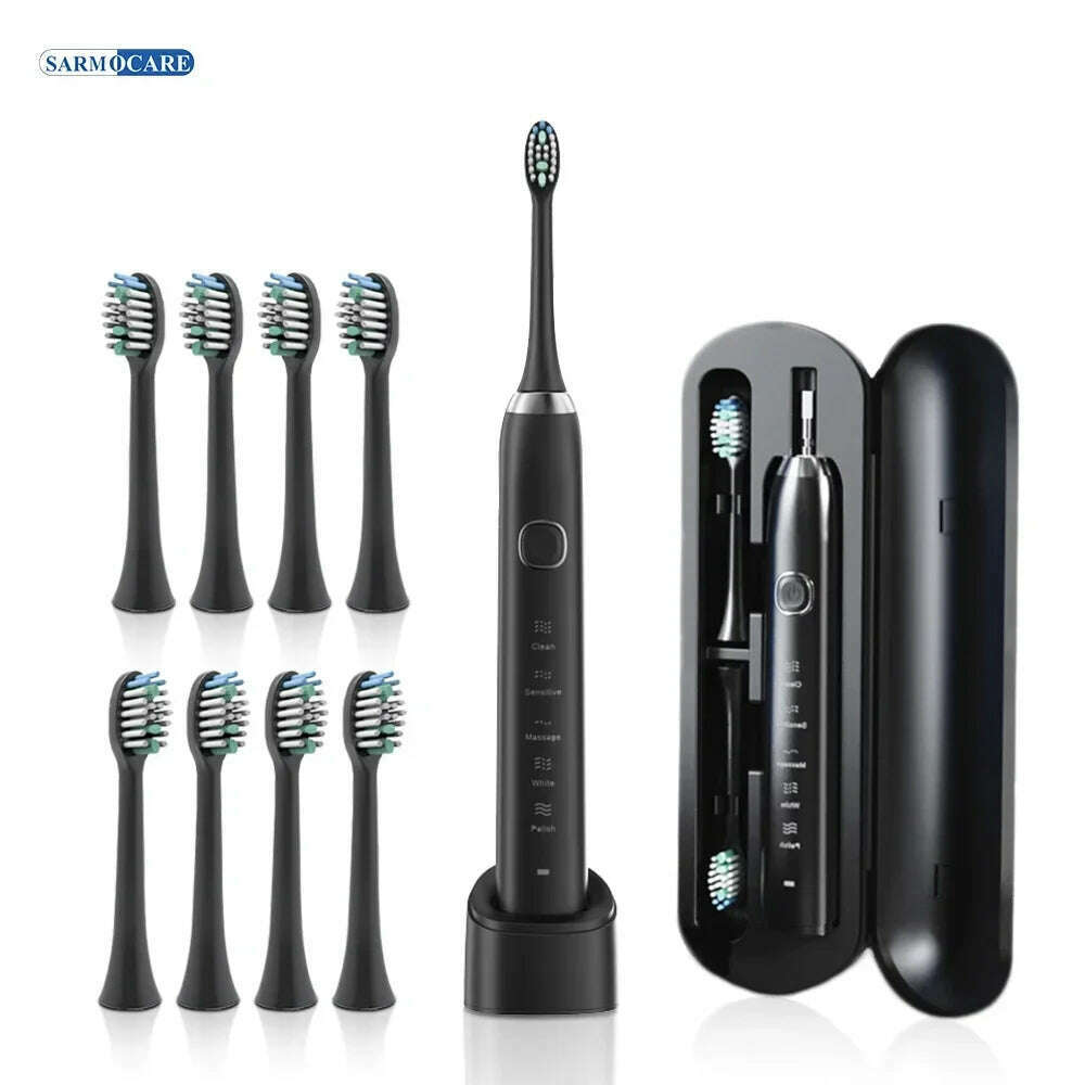 KIMLUD, Electric Sonic Toothbrush Adult Rechargeable Smart Ultrasonic Dental Teeth Whitening 8 Brush Heads Tooth Brush, Black 8 Heads, KIMLUD APPAREL - Womens Clothes