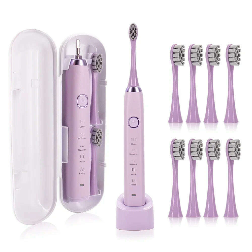 KIMLUD, Electric Sonic Toothbrush Adult Rechargeable Smart Ultrasonic Dental Teeth Whitening 8 Brush Heads Tooth Brush, Purple 8 Heads, KIMLUD APPAREL - Womens Clothes