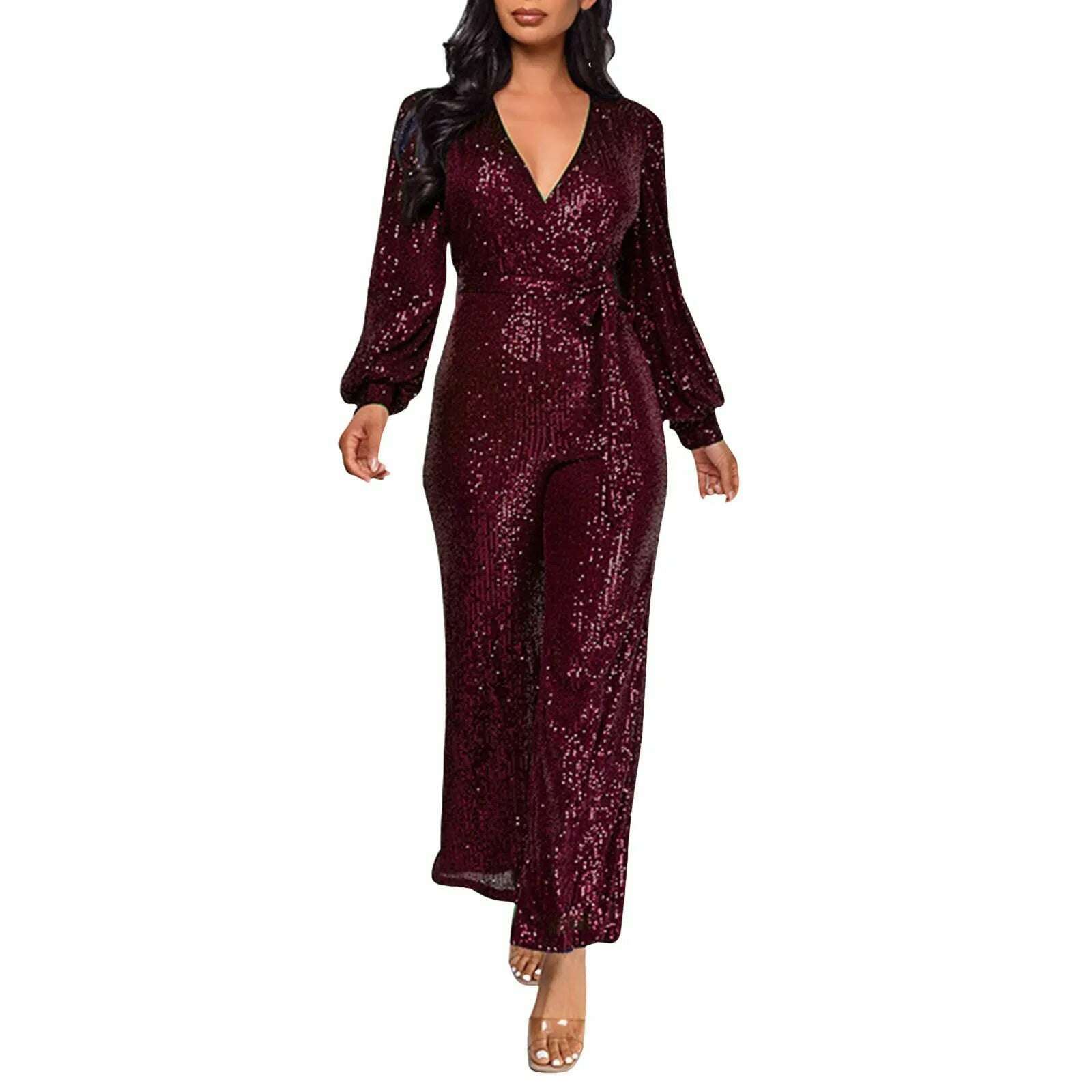 KIMLUD, Elegant Casual Jumpsuits For Ladies Long Sleeve Belted Sequin Jumpsuit Wrap V-Neck Wide Leg Birthday Outfits One Piece Romper, Wine / S / United States, KIMLUD APPAREL - Womens Clothes