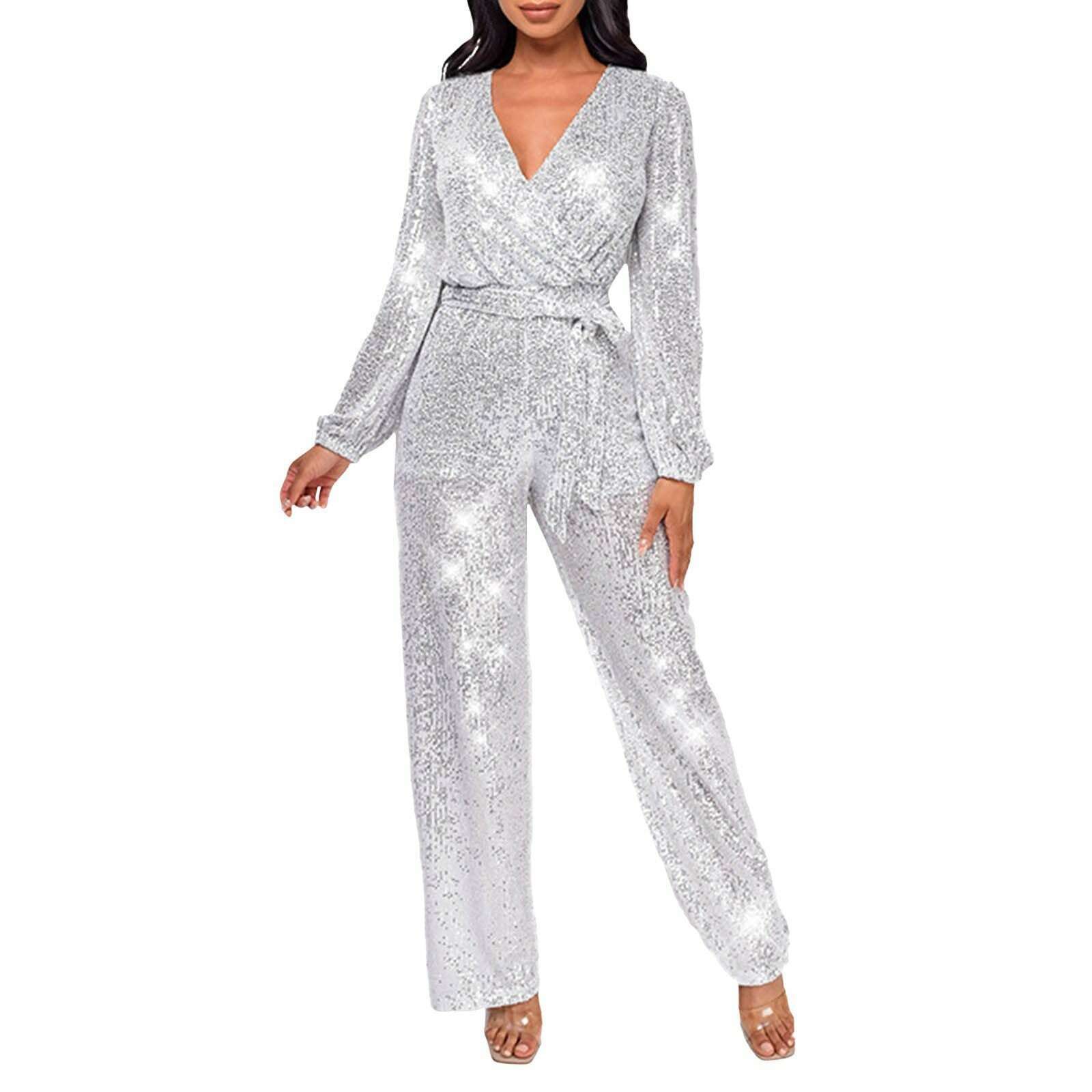 KIMLUD, Elegant Casual Jumpsuits For Ladies Long Sleeve Belted Sequin Jumpsuit Wrap V-Neck Wide Leg Birthday Outfits One Piece Romper, KIMLUD Womens Clothes