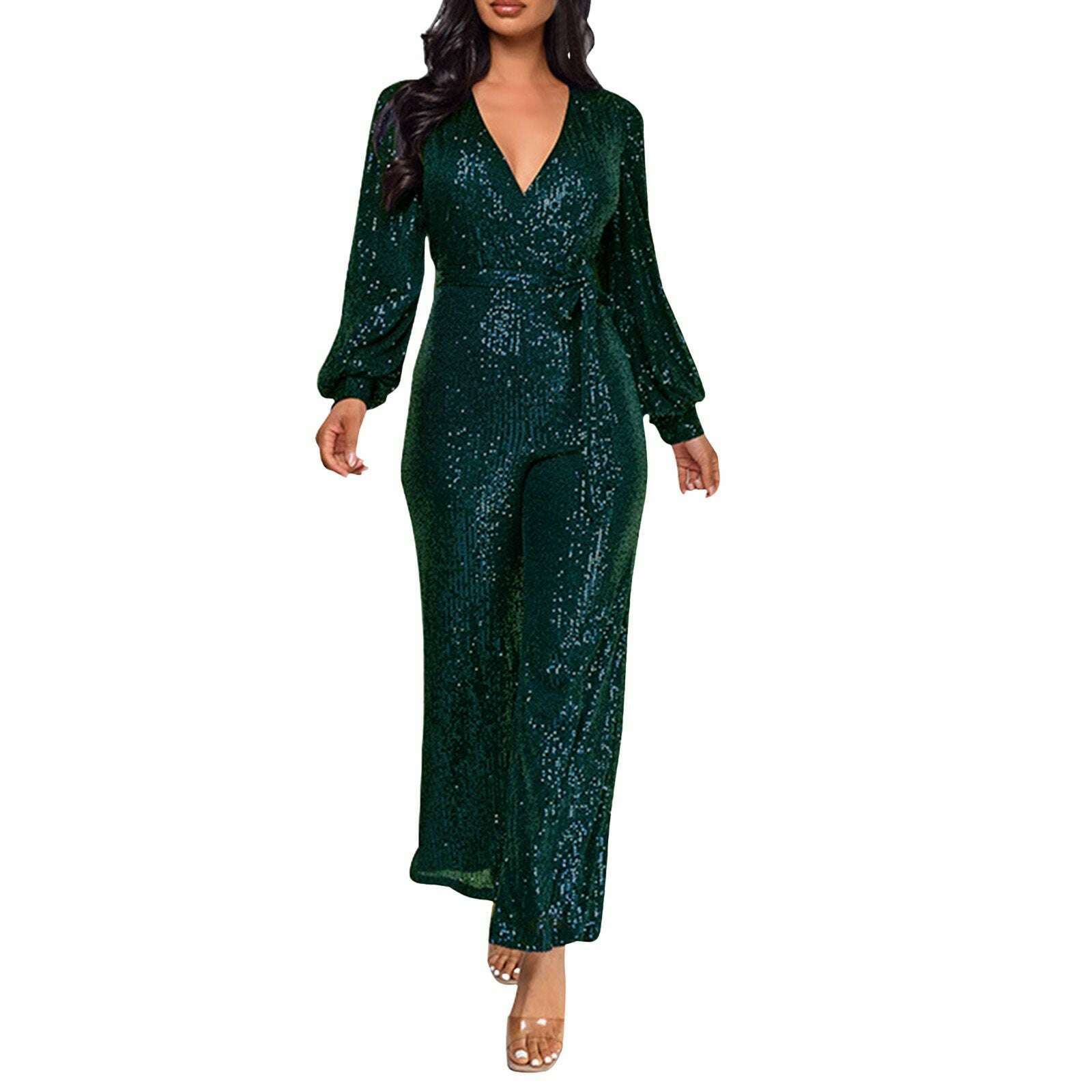 KIMLUD, Elegant Casual Jumpsuits For Ladies Long Sleeve Belted Sequin Jumpsuit Wrap V-Neck Wide Leg Birthday Outfits One Piece Romper, KIMLUD Womens Clothes