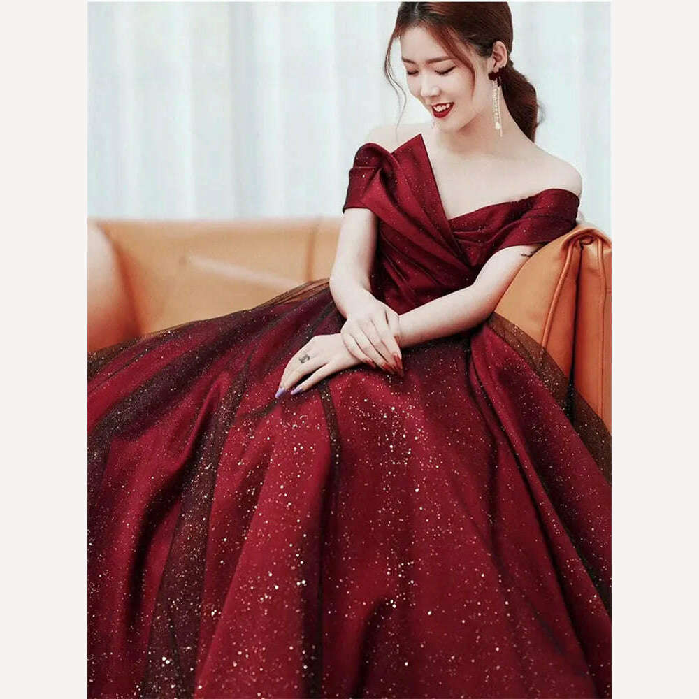 Elegant Dress for Women Burgundy Splicing Lace Sequin Strapless Long A-line Skirt Solid Color Evening Gown M392 - KIMLUD