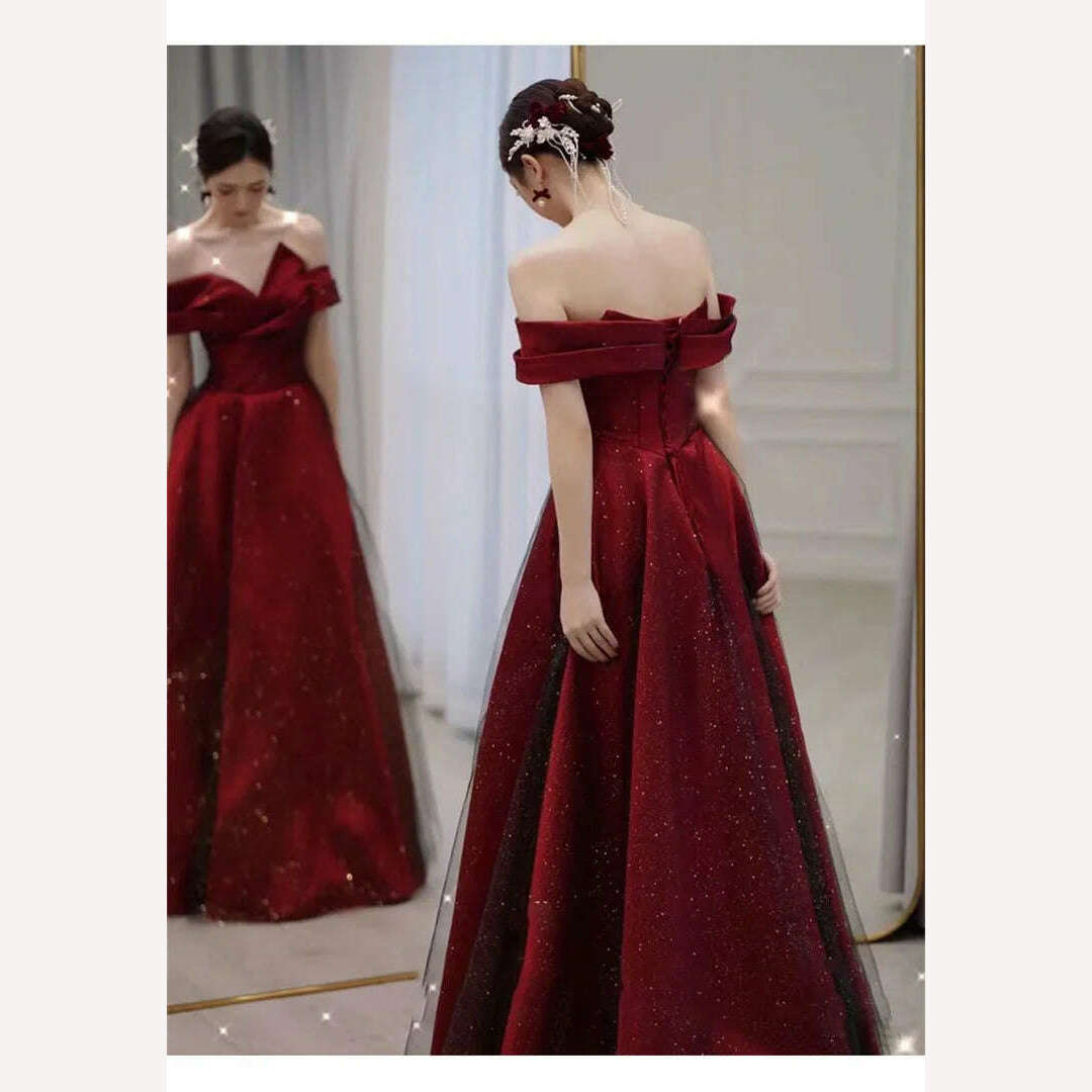 Elegant Dress for Women Burgundy Splicing Lace Sequin Strapless Long A-line Skirt Solid Color Evening Gown M392 - KIMLUD