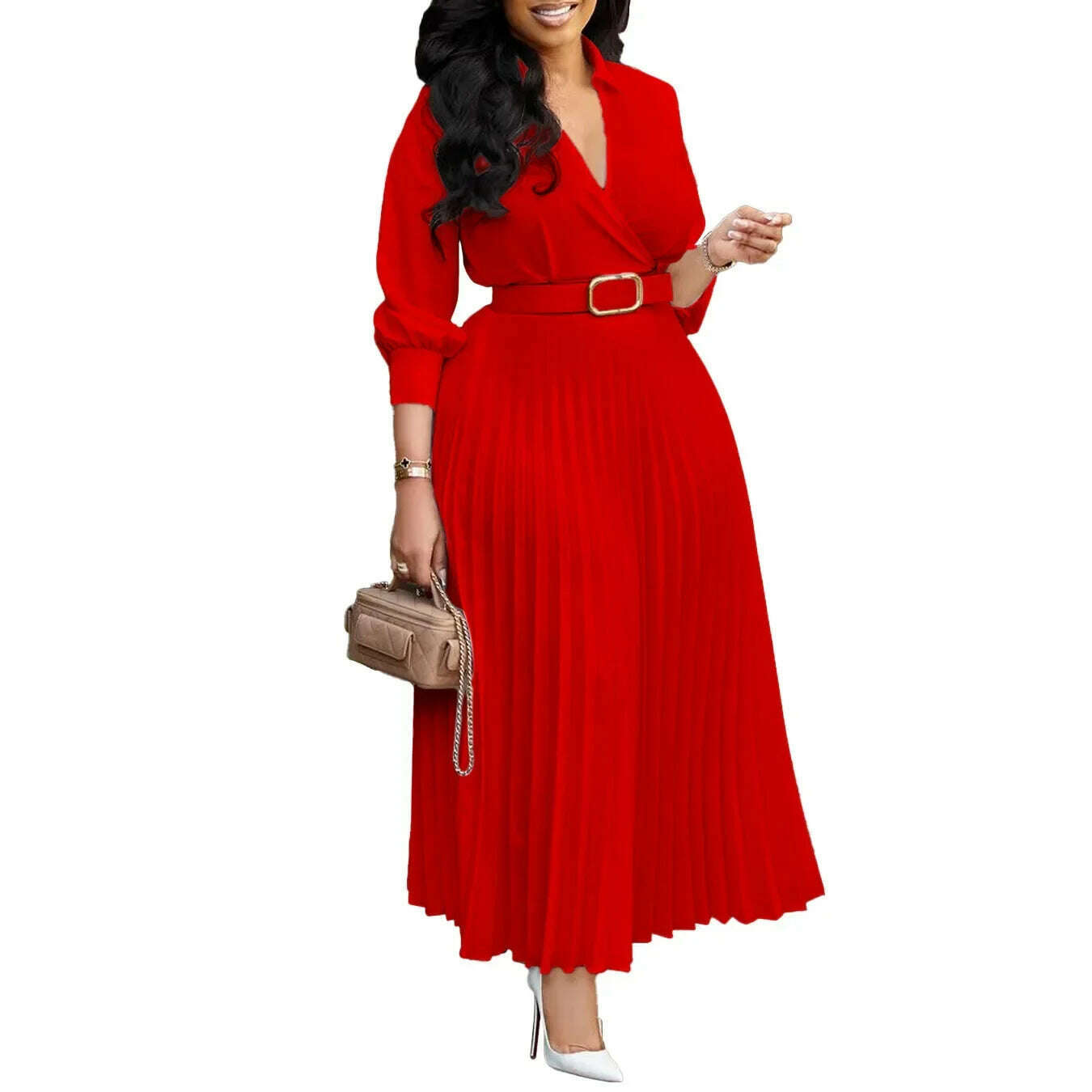 KIMLUD, Elegant Dresses for Women 2024 Autumn with Belt Ankle Length Dresses Women V Neck Long Sleeve Loose Elegant Office Lady Fold, Red / XXXL, KIMLUD APPAREL - Womens Clothes