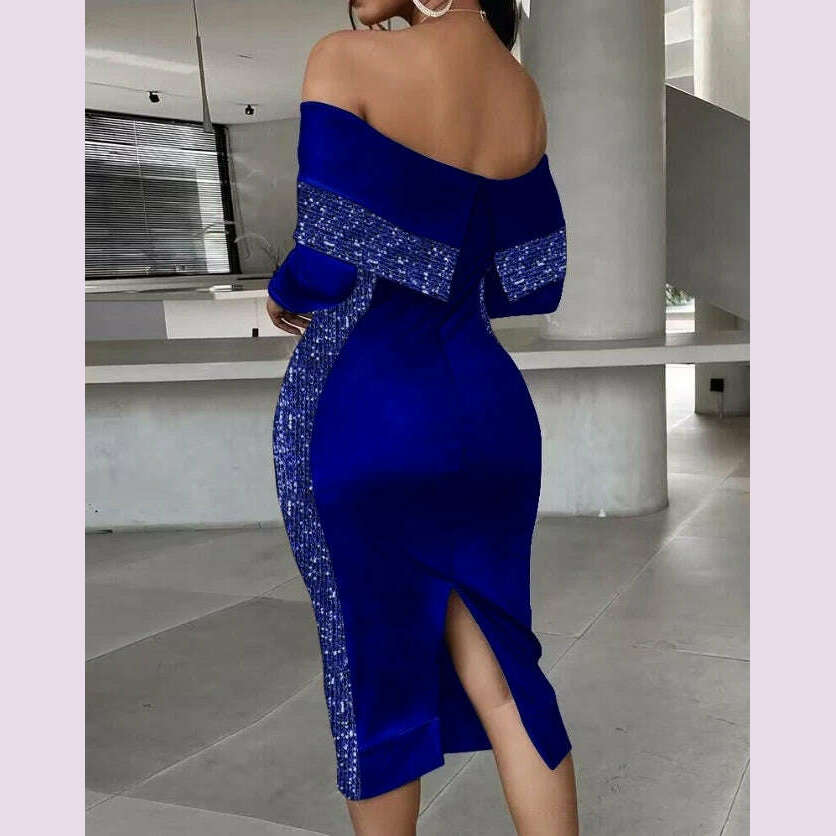 KIMLUD, Elegant Evening Party Dresses for Women Sexy Contrast Sequin Slit Off Shoulder Midi Dress 2023 Autumn Spring New Fashion Casual, KIMLUD Womens Clothes