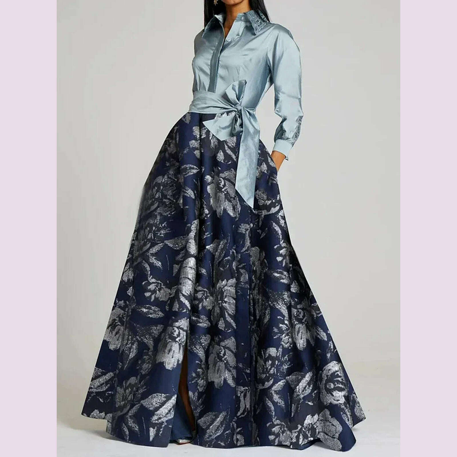 Elegant Floral Printing Maxi Dresses Patchwork Turndown Collar Long Sleeve Bowknot Pocket Long Dress Party Wedding Evening Dress - KIMLUD