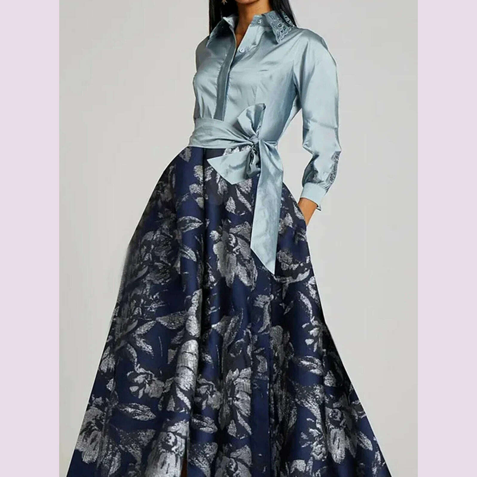 KIMLUD, Elegant Floral Printing Maxi Dresses Patchwork Turndown Collar Long Sleeve Bowknot Pocket Long Dress Party Wedding Evening Dress, KIMLUD Womens Clothes