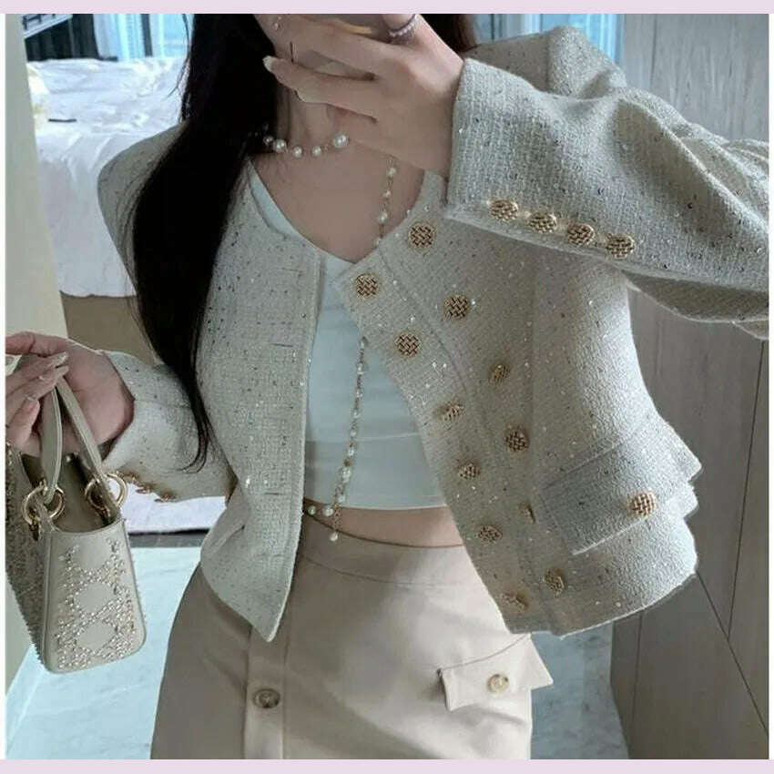 KIMLUD, Elegant French Autumn Winter Sequin Tweed Shoulder Pads Short Jacket Coat New Women O Neck Double-Breasted Woolen Outerwear Top, KIMLUD Womens Clothes