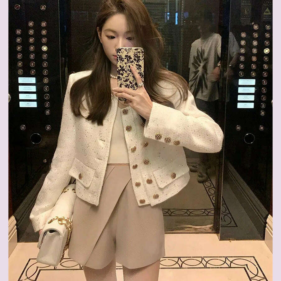 KIMLUD, Elegant French Autumn Winter Sequin Tweed Shoulder Pads Short Jacket Coat New Women O Neck Double-Breasted Woolen Outerwear Top, KIMLUD Womens Clothes