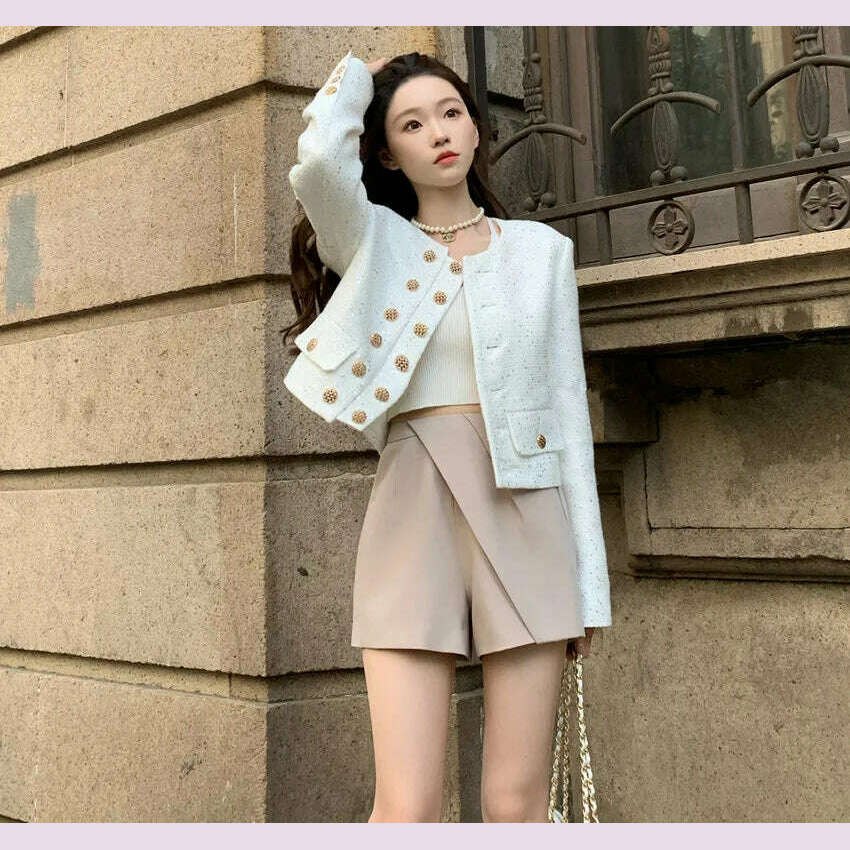 KIMLUD, Elegant French Autumn Winter Sequin Tweed Shoulder Pads Short Jacket Coat New Women O Neck Double-Breasted Woolen Outerwear Top, KIMLUD Womens Clothes