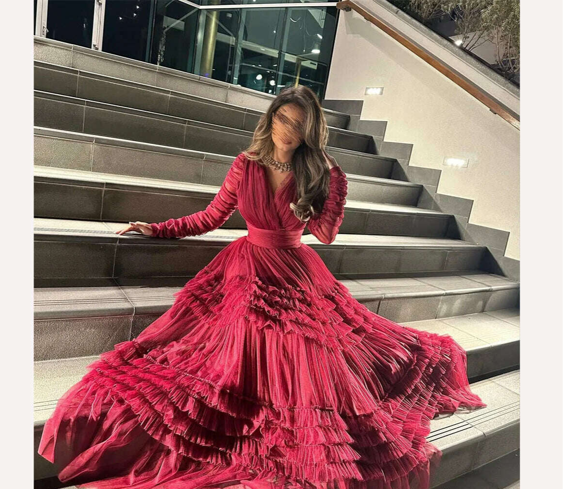 Elegant High Quality V-neck A-line Floor Length Evening Dress Formal Ocassion Gown Pleat Tulle prom dresses 2023 luxury gown - KIMLUD