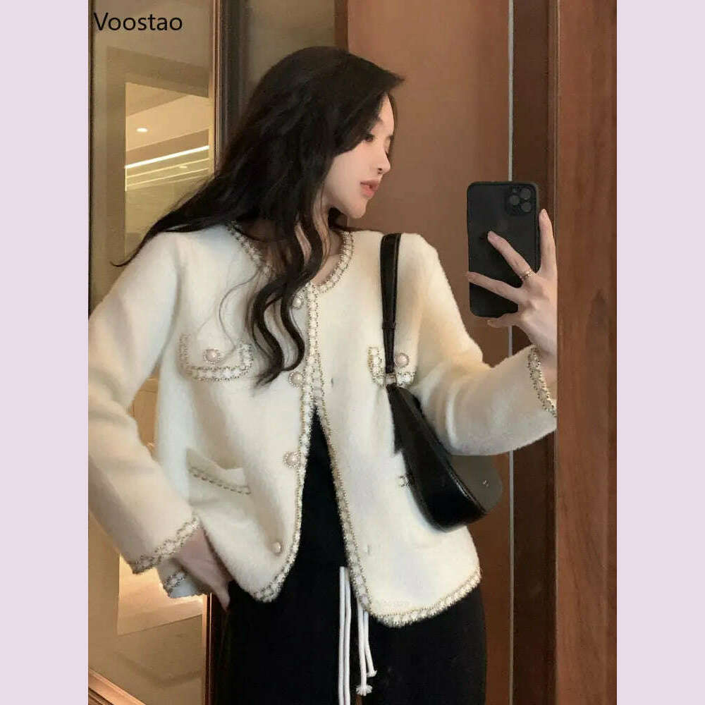 Elegant Imitation Mink Cashmere Sweater Jacket Women Autumn Winter Korean O-Neck Loose Knitted Cardigan Female Fashion Outwear - KIMLUD