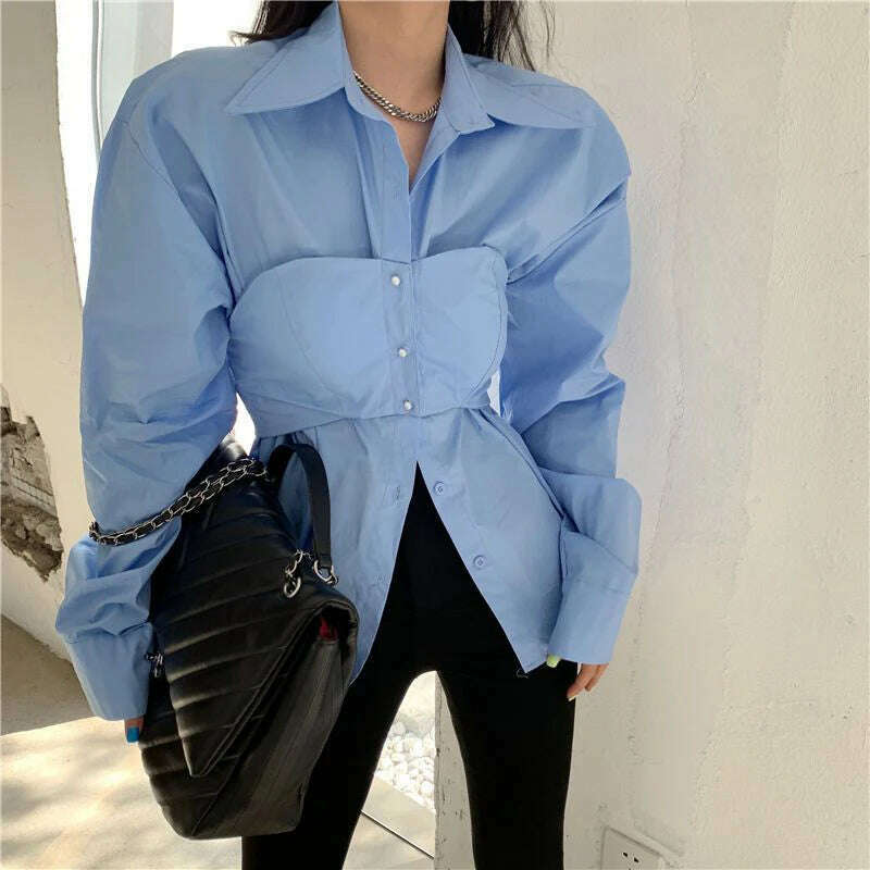 Elegant Patchwork Shirts Women Korean Fake Two Pieces White Blouses Streetwear Office Outfits Fashion Long Sleeve Chic Tops New - KIMLUD