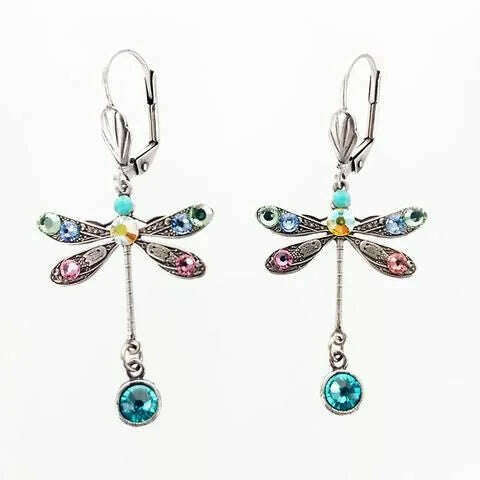 Elegant Personalized Carved Dragonfly Earrings Seven colored gems Hook Drop Earrings Wedding Engagement Earrings for women - KIMLUD