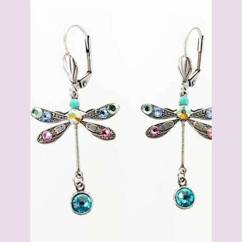 KIMLUD, Elegant Personalized Carved Dragonfly Earrings Seven colored gems Hook Drop Earrings Wedding Engagement Earrings for women, KIMLUD Womens Clothes