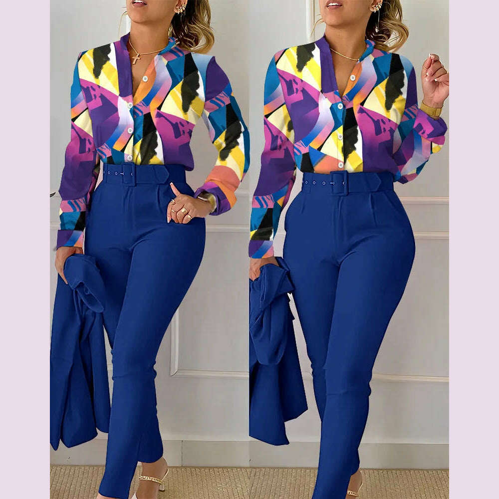 elegant print shirt and pants two piece sets women 2023 spring autumn fashion long sleeve shirts high waist pant casual suits - KIMLUD