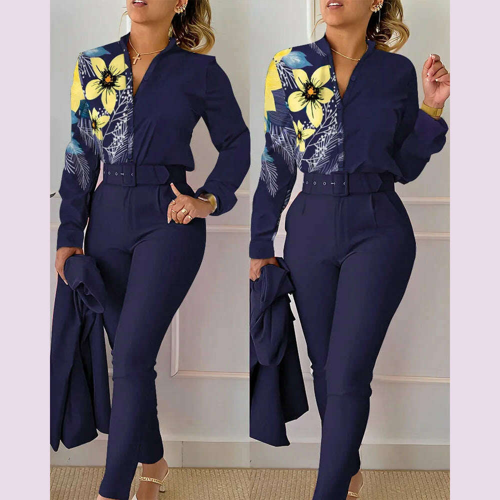 elegant print shirt and pants two piece sets women 2023 spring autumn fashion long sleeve shirts high waist pant casual suits - KIMLUD