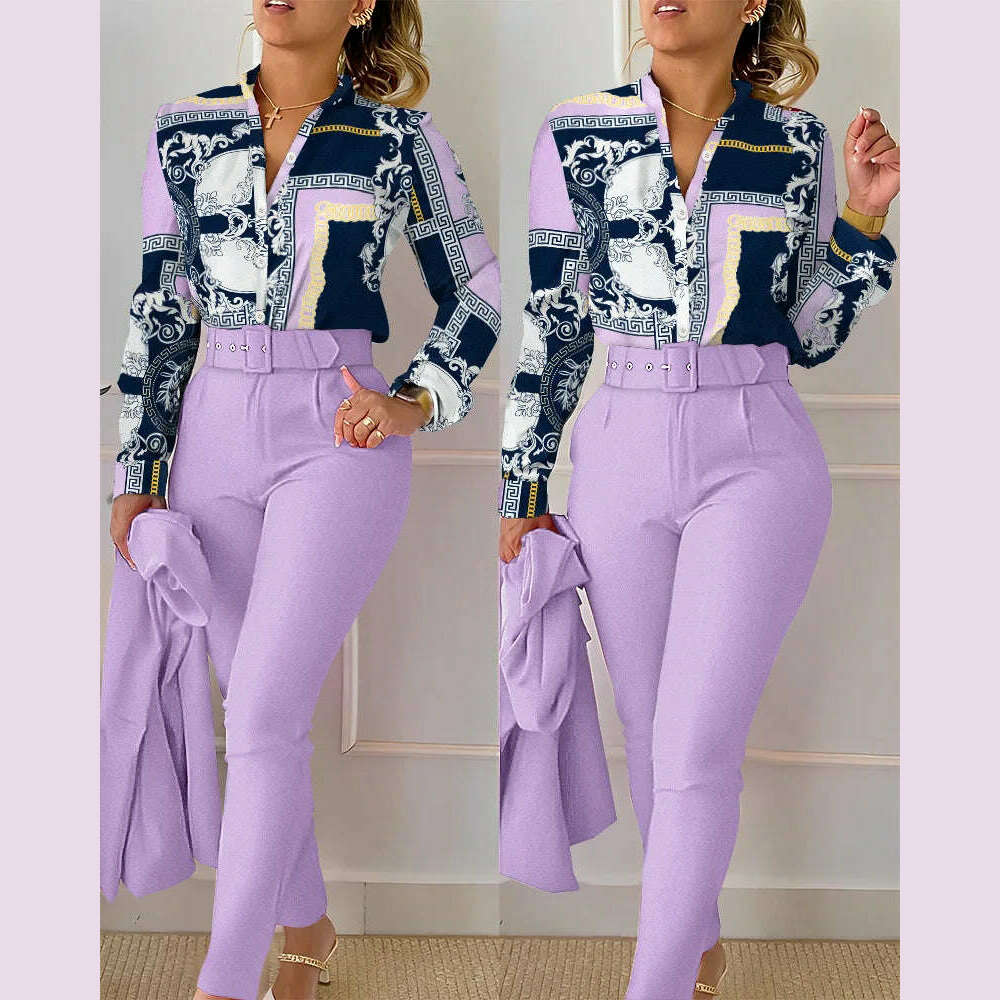 elegant print shirt and pants two piece sets women 2023 spring autumn fashion long sleeve shirts high waist pant casual suits - KIMLUD