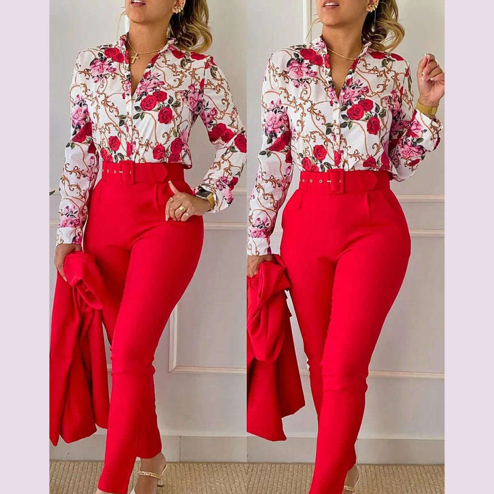 KIMLUD, elegant print shirt and pants two piece sets women 2023 spring autumn fashion long sleeve shirts high waist pant casual suits, KIMLUD Womens Clothes