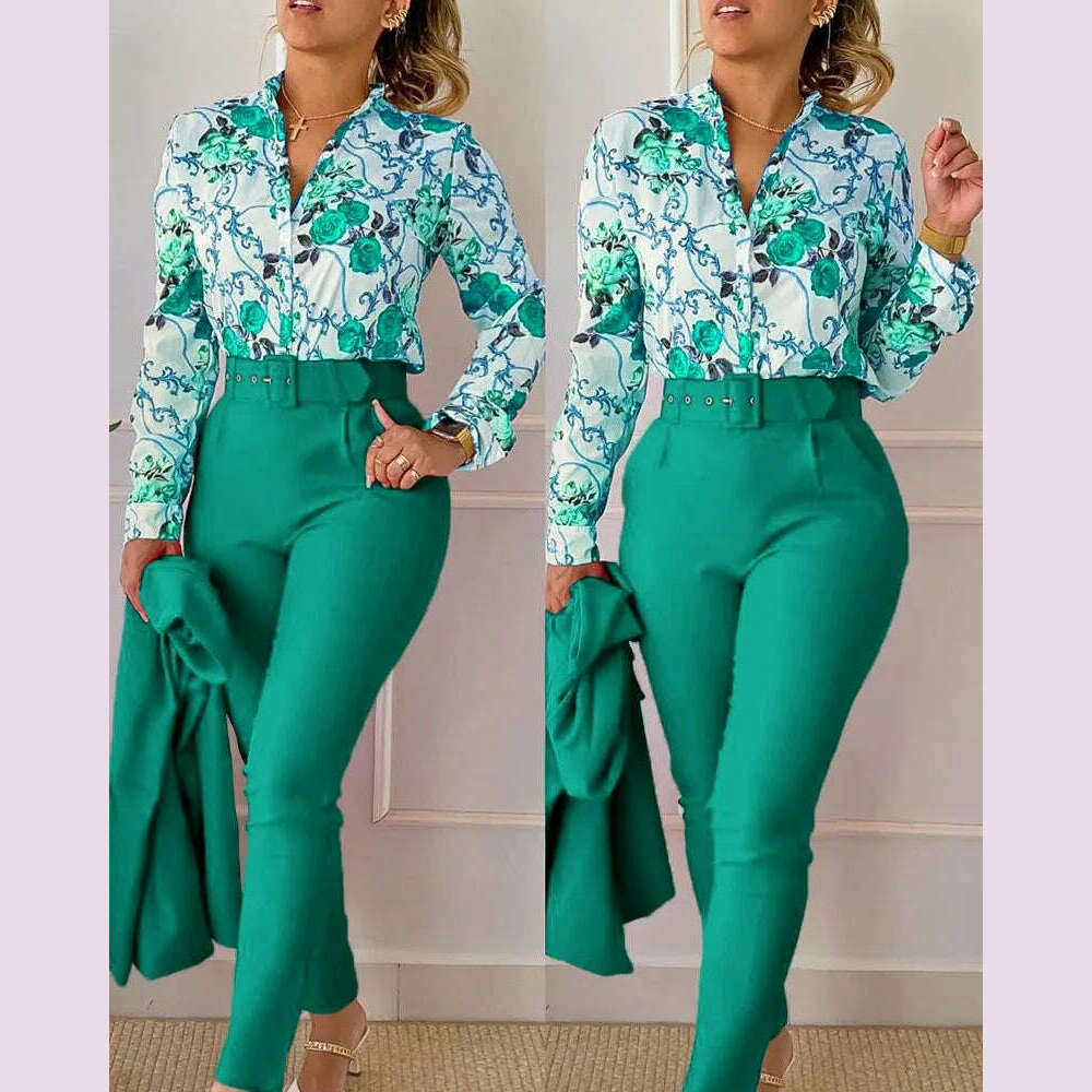 elegant print shirt and pants two piece sets women 2023 spring autumn fashion long sleeve shirts high waist pant casual suits - KIMLUD