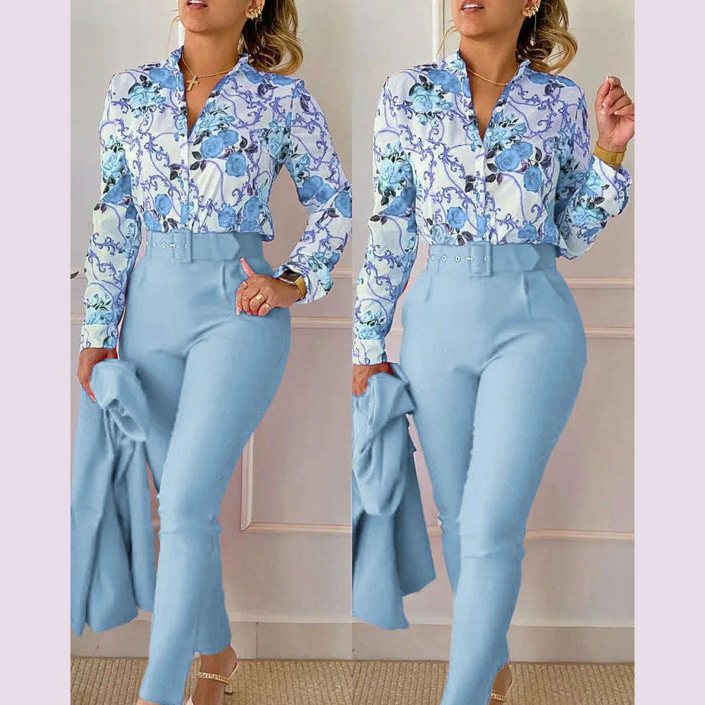 elegant print shirt and pants two piece sets women 2023 spring autumn fashion long sleeve shirts high waist pant casual suits - KIMLUD