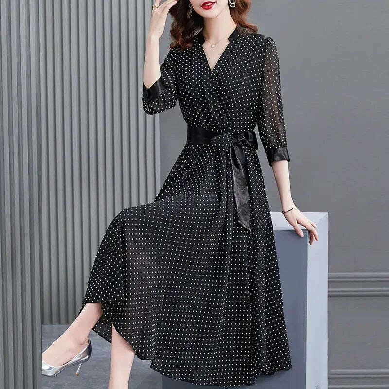 KIMLUD, Elegant V-Neck Spliced Loose Bandage Bow Polka Dot Midi Dress Women Clothing 2023 Autumn New Oversized Office Lady Floral Dress, KIMLUD Womens Clothes