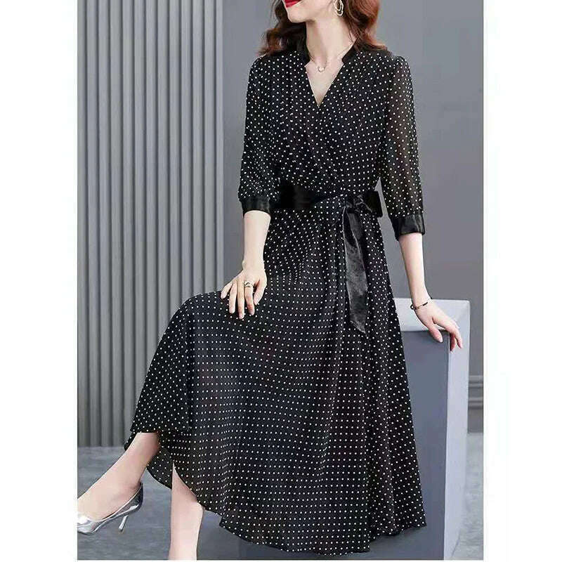 KIMLUD, Elegant V-Neck Spliced Loose Bandage Bow Polka Dot Midi Dress Women Clothing 2023 Autumn New Oversized Office Lady Floral Dress, KIMLUD Womens Clothes