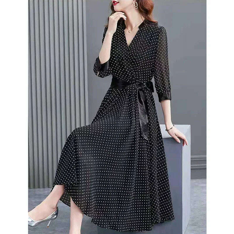 KIMLUD, Elegant V-Neck Spliced Loose Bandage Bow Polka Dot Midi Dress Women Clothing 2023 Autumn New Oversized Office Lady Floral Dress, KIMLUD Womens Clothes