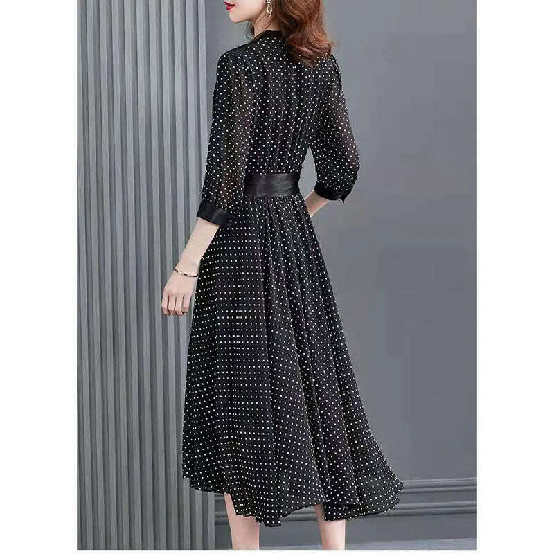 KIMLUD, Elegant V-Neck Spliced Loose Bandage Bow Polka Dot Midi Dress Women Clothing 2023 Autumn New Oversized Office Lady Floral Dress, KIMLUD Womens Clothes