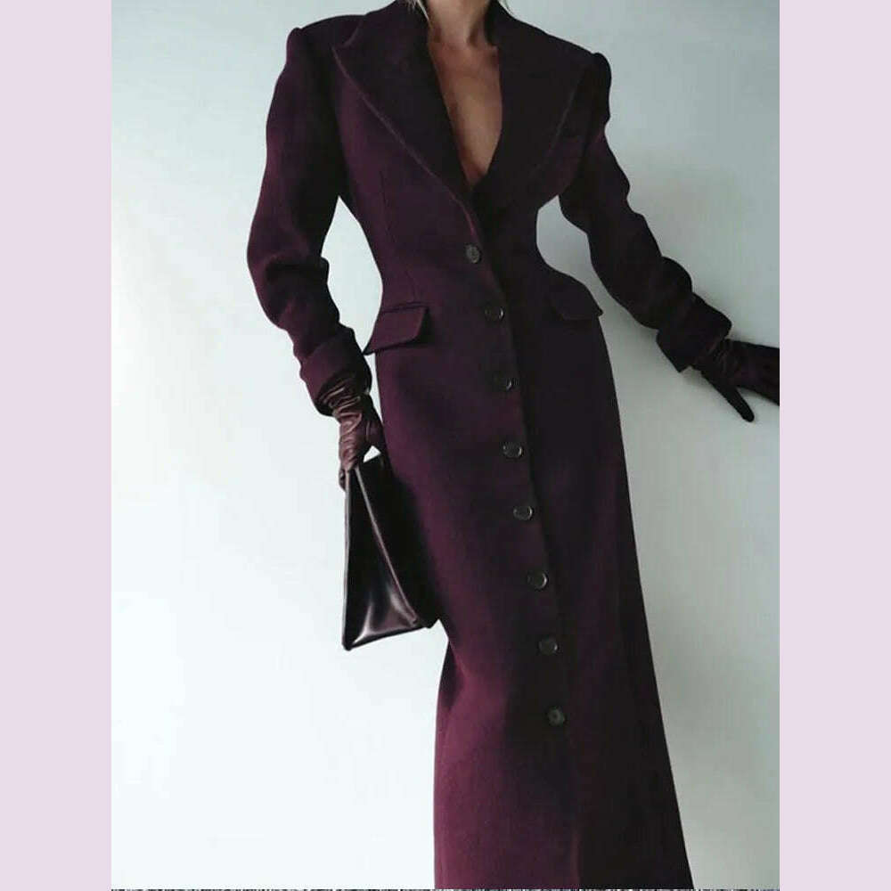 Elegant Wine Red Waist Up Wool Blend Long Jacket Women Chic Lapel Collar Single Breast Overcoat 2025 Autumn Lady High Streetwear - KIMLUD