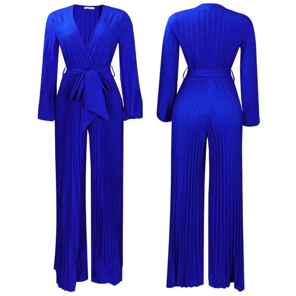 KIMLUD, Elegant Women Jumpsuits Classy Hollow Out Lace Panel Long Sleeve Stretch One Piece Wide Leg Jumpsuits Oufits, Blue / M, KIMLUD APPAREL - Womens Clothes