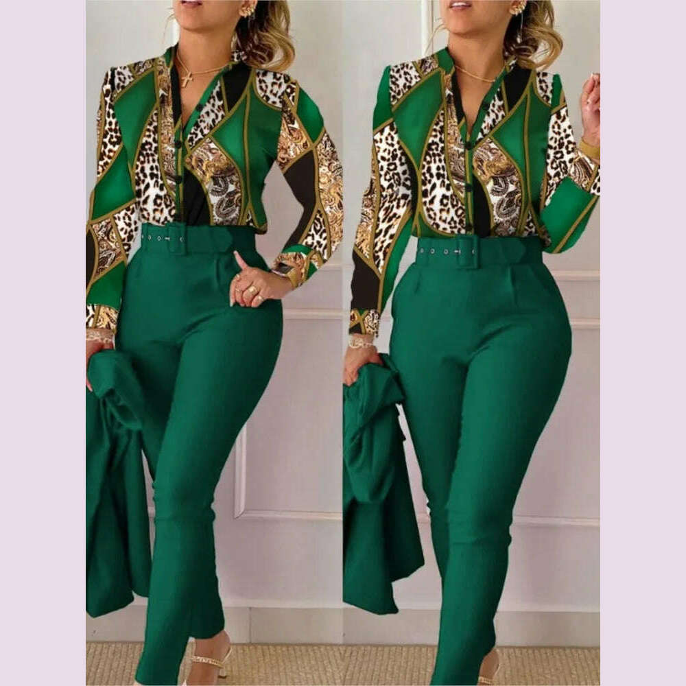 Elegant Women Printed Two Piece Suit Sets Autumn Winter V Neck Long Sleeve Shirt Top & Long Pants Set With Belt Workwear Outfits - KIMLUD