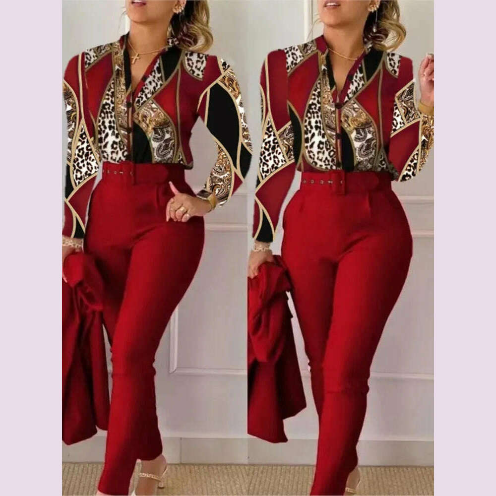 KIMLUD, Elegant Women Printed Two Piece Suit Sets Autumn Winter V Neck Long Sleeve Shirt Top & Long Pants Set With Belt Workwear Outfits, KIMLUD Womens Clothes