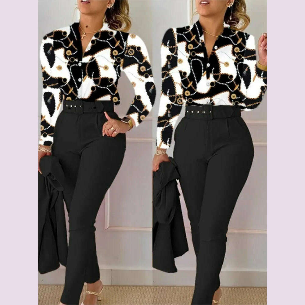 KIMLUD, Elegant Women Printed Two Piece Suit Sets Autumn Winter V Neck Long Sleeve Shirt Top & Long Pants Set With Belt Workwear Outfits, Black / XXL / CHINA, KIMLUD APPAREL - Womens Clothes