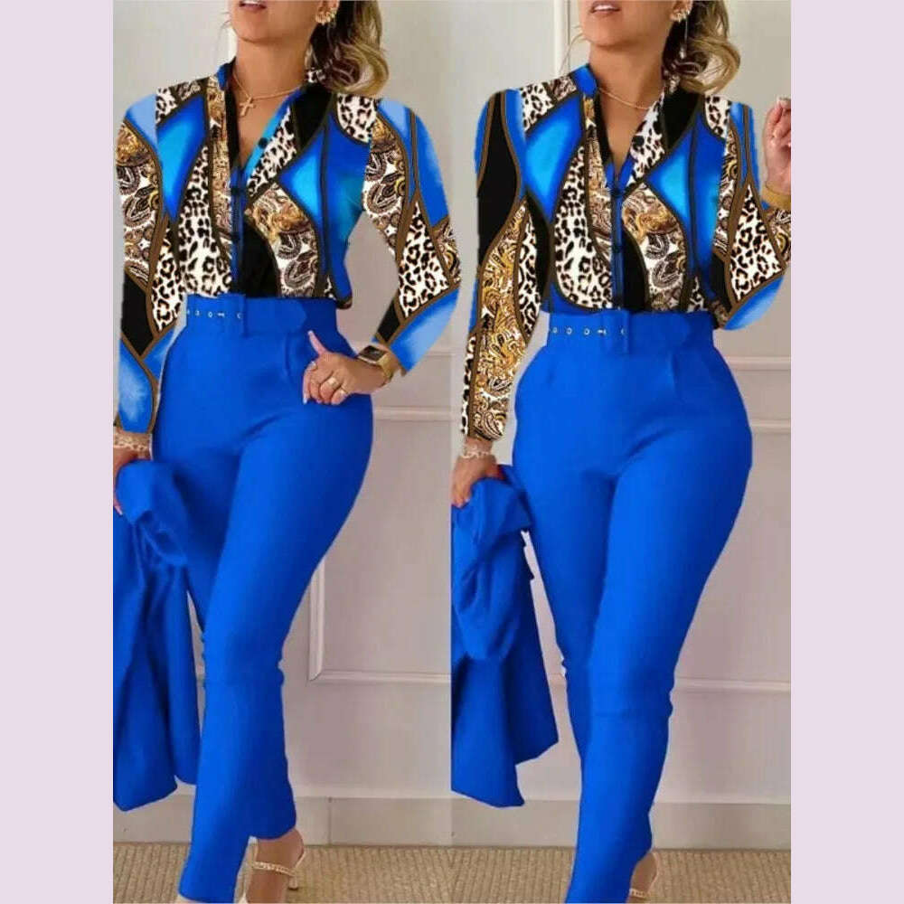 KIMLUD, Elegant Women Printed Two Piece Suit Sets Autumn Winter V Neck Long Sleeve Shirt Top & Long Pants Set With Belt Workwear Outfits, Blue / XL / CHINA, KIMLUD APPAREL - Womens Clothes