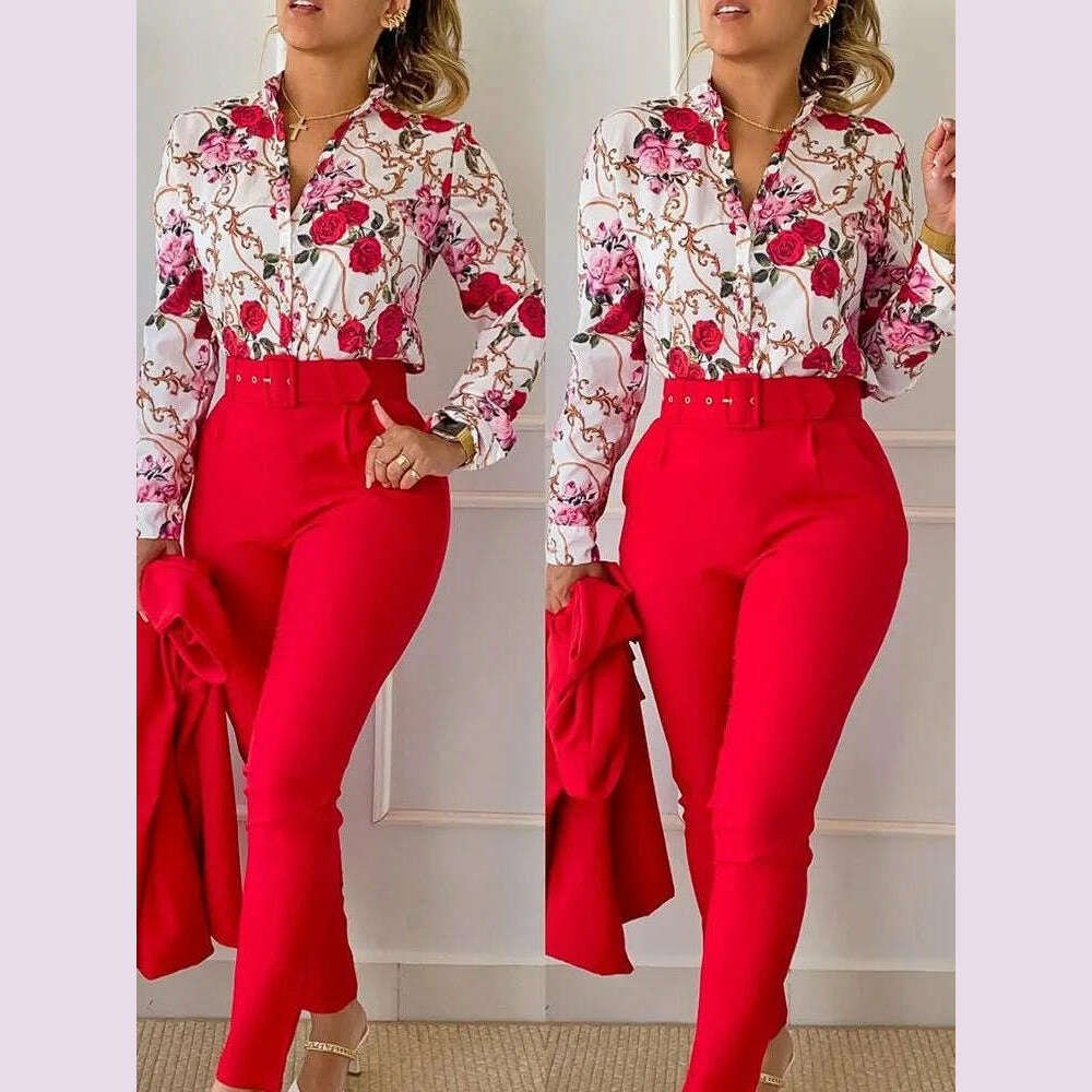 KIMLUD, Elegant Women Printed Two Piece Suit Sets Autumn Winter V Neck Long Sleeve Shirt Top & Long Pants Set With Belt Workwear Outfits, Red / L / CHINA, KIMLUD APPAREL - Womens Clothes