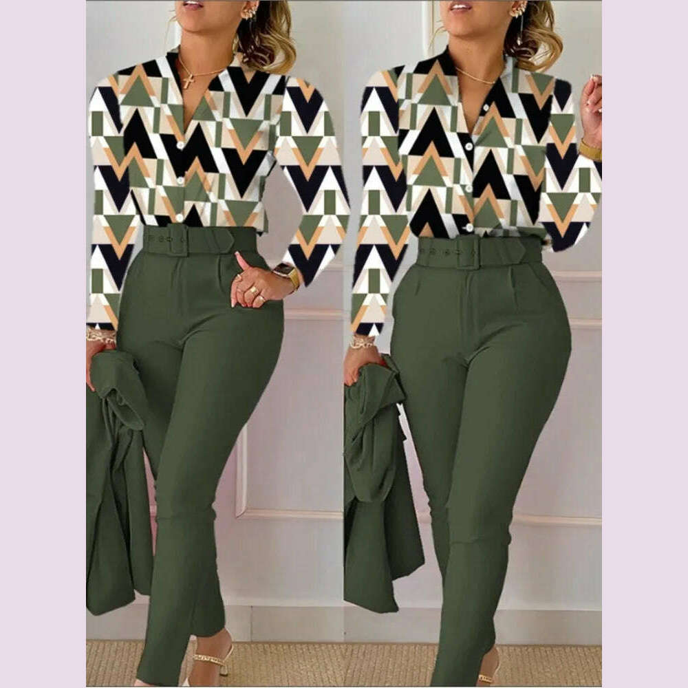 KIMLUD, Elegant Women Printed Two Piece Suit Sets Autumn Winter V Neck Long Sleeve Shirt Top & Long Pants Set With Belt Workwear Outfits, ArmyGreen2 / XXL / CHINA, KIMLUD APPAREL - Womens Clothes