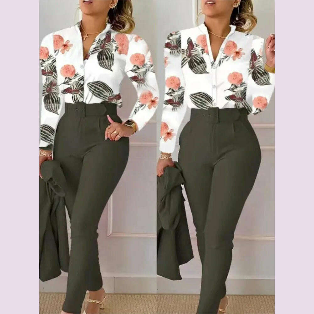 Elegant Women Printed Two Piece Suit Sets Autumn Winter V Neck Long Sleeve Shirt Top & Long Pants Set With Belt Workwear Outfits - KIMLUD