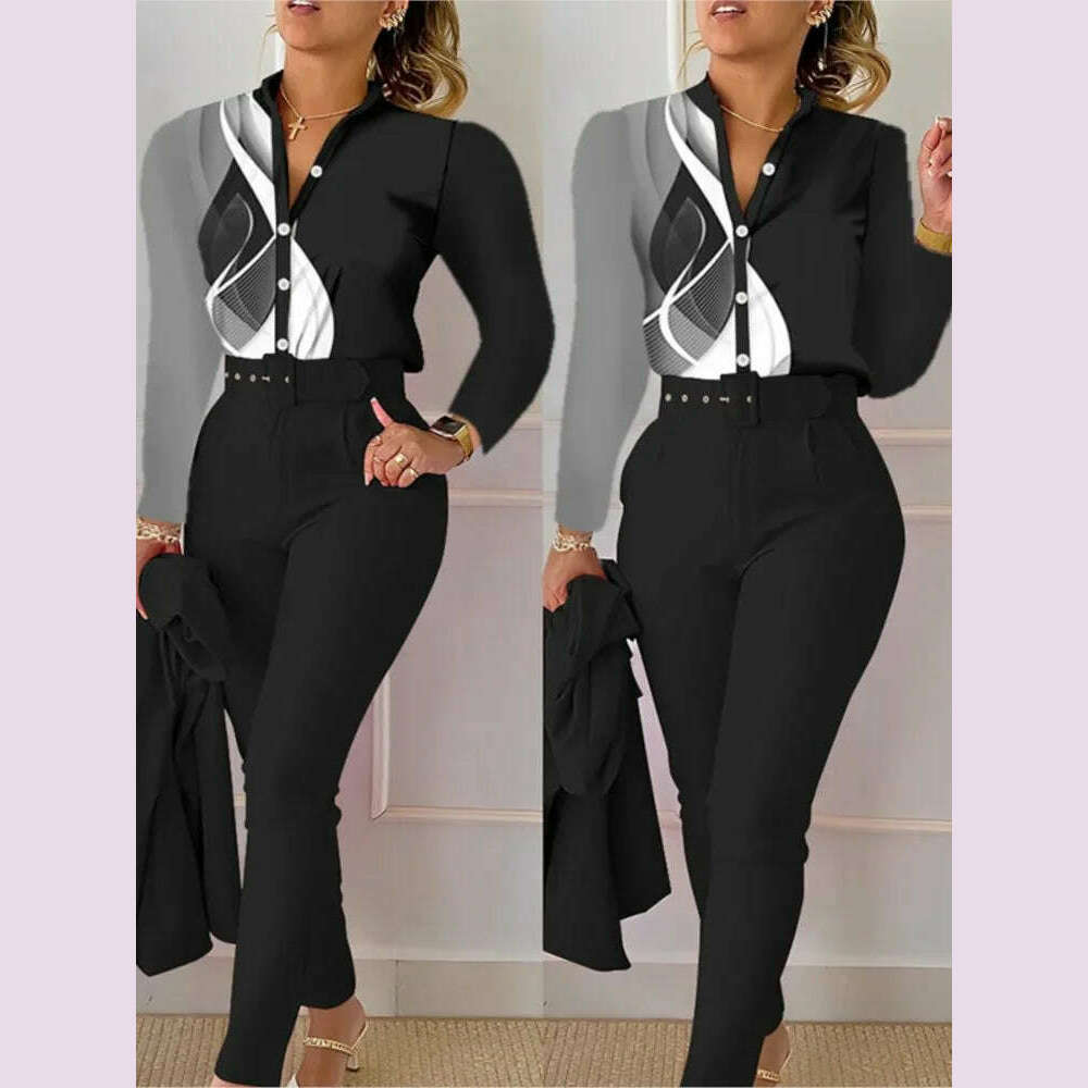 KIMLUD, Elegant Women Printed Two Piece Suit Sets Autumn Winter V Neck Long Sleeve Shirt Top & Long Pants Set With Belt Workwear Outfits, GRAY / S / CHINA, KIMLUD APPAREL - Womens Clothes