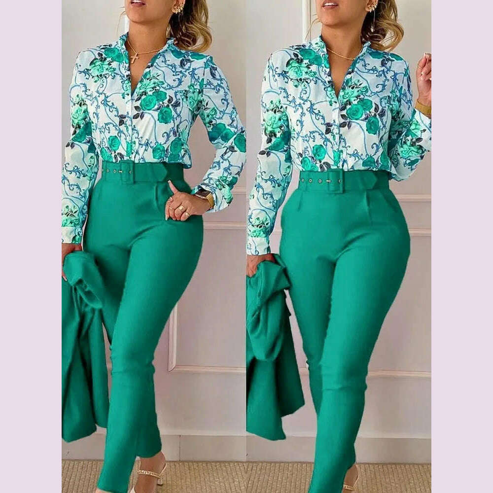 KIMLUD, Elegant Women Printed Two Piece Suit Sets Autumn Winter V Neck Long Sleeve Shirt Top & Long Pants Set With Belt Workwear Outfits, Light Green / M / CHINA, KIMLUD APPAREL - Womens Clothes