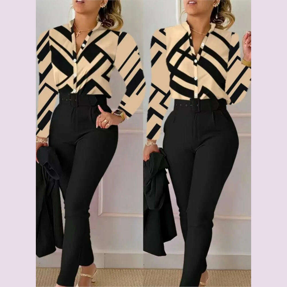 Elegant Women Printed Two Piece Suit Sets Spring Autumn V Neck Long Sleeve Shirt Top & Long Pants Set With Belt Workwear Outfits - KIMLUD