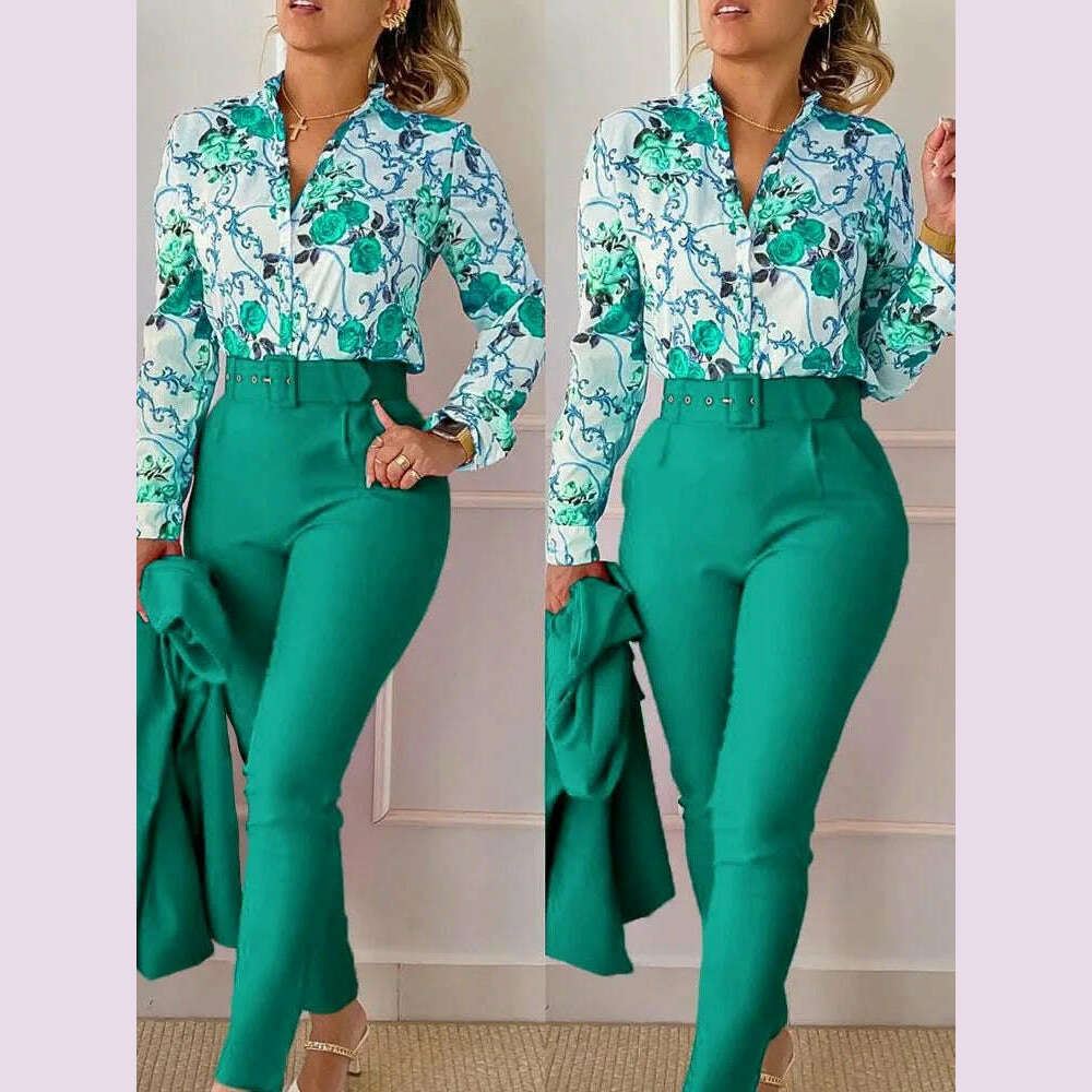 KIMLUD, Elegant Women Printed Two Piece Suit Sets Spring Autumn V Neck Long Sleeve Shirt Top & Long Pants Set With Belt Workwear Outfits, KIMLUD Womens Clothes