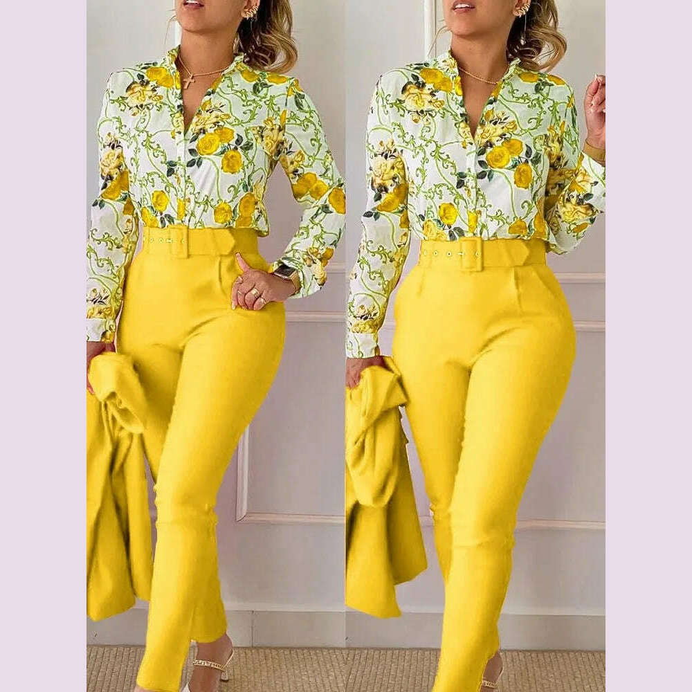 KIMLUD, Elegant Women Shirt Two Piece Set Suits Fall New Fashion Print Long Sleeve Top Black Pants Set With Belt Blouses Female Clothing, Bright Yellow / XXL, KIMLUD APPAREL - Womens Clothes