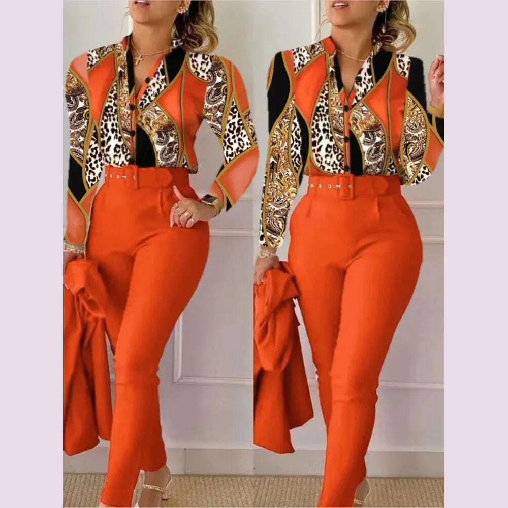 KIMLUD, Elegant Women Shirt Two Piece Set Suits Fall New Fashion Print Long Sleeve Top Black Pants Set With Belt Blouses Female Clothing, ORANGE RED / XL, KIMLUD APPAREL - Womens Clothes