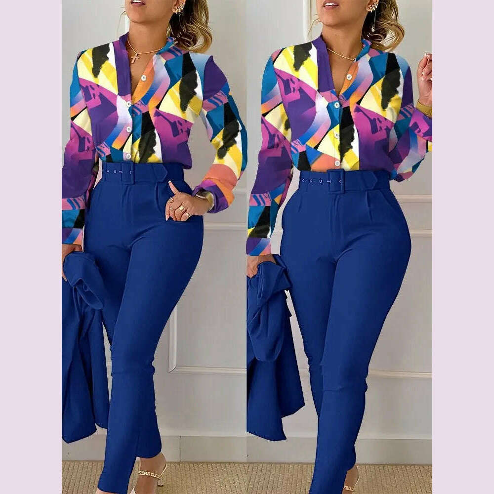 KIMLUD, Elegant Women Shirt Two Piece Set Suits Fall New Fashion Print Long Sleeve Top Black Pants Set With Belt Blouses Female Clothing, DEEP BLUE / XXL, KIMLUD APPAREL - Womens Clothes